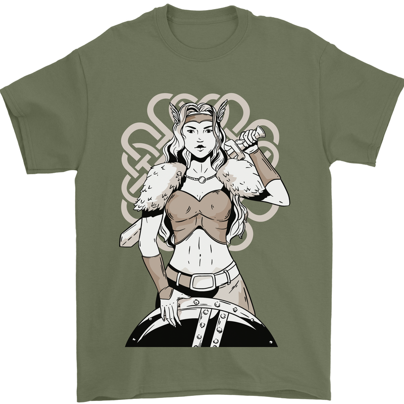 A Female Viking Shield Maiden Warrior Mens T-Shirt 100% Cotton Military Green