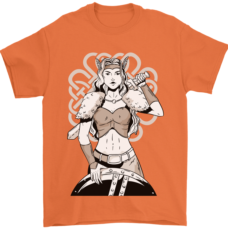 A Female Viking Shield Maiden Warrior Mens T-Shirt 100% Cotton Orange