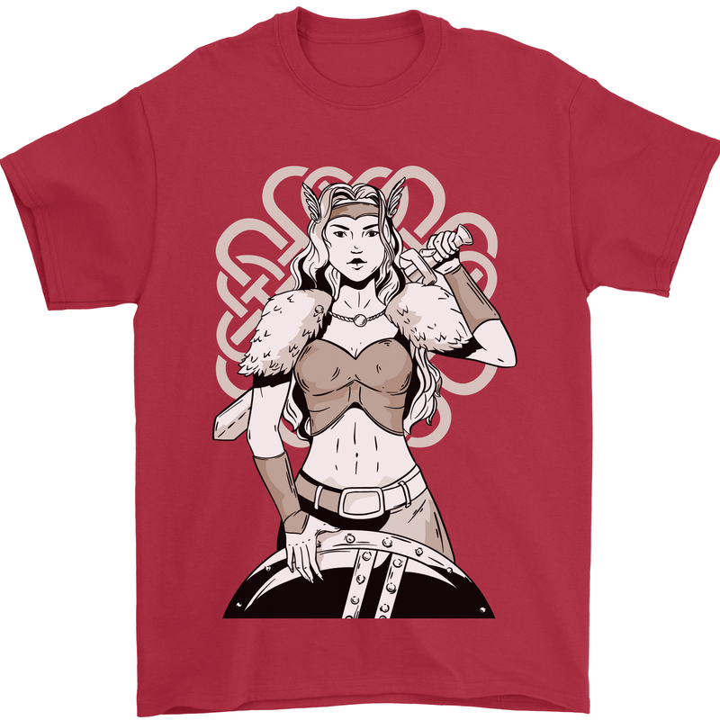A Female Viking Shield Maiden Warrior Mens T-Shirt 100% Cotton Red