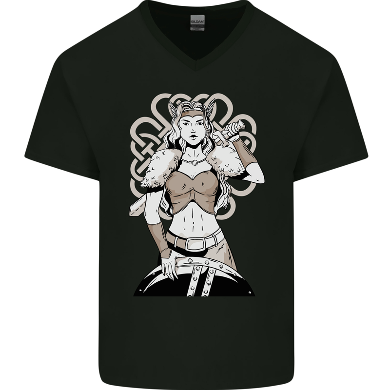 A Female Viking Shield Maiden Warrior Mens V-Neck Cotton T-Shirt Black