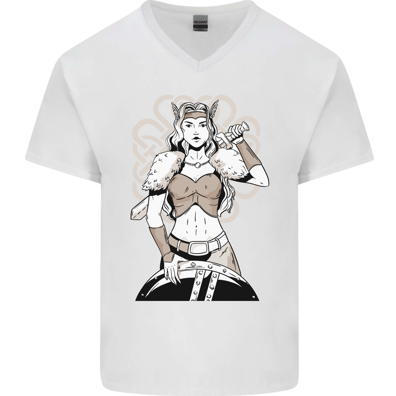 A Female Viking Shield Maiden Warrior Mens V-Neck Cotton T-Shirt White