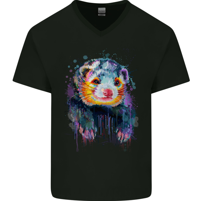 A Ferret Watercolour Mens V-Neck Cotton T-Shirt Black