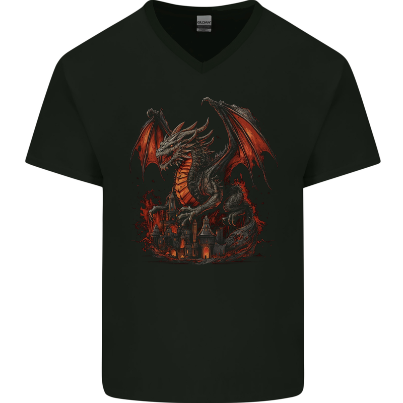 A Fierce Fantasy Dragon Mens V-Neck Cotton T-Shirt Black