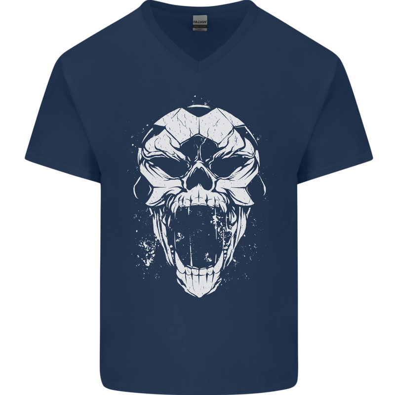 A Football Skull Footy Soccer Mens V-Neck Cotton T-Shirt Navy Blue
