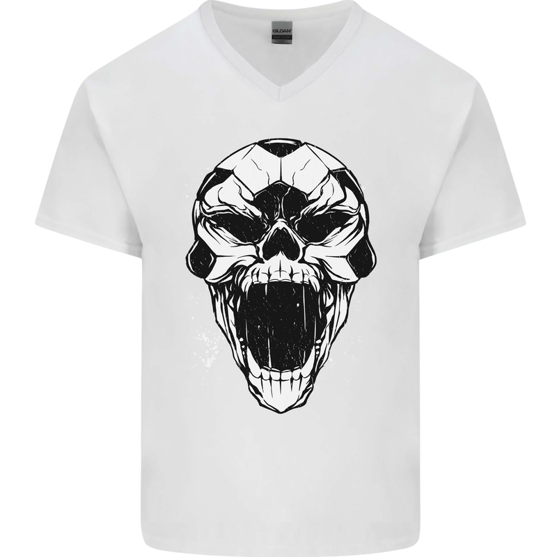 A Football Skull Soccer Footy Mens V-Neck Cotton T-Shirt White