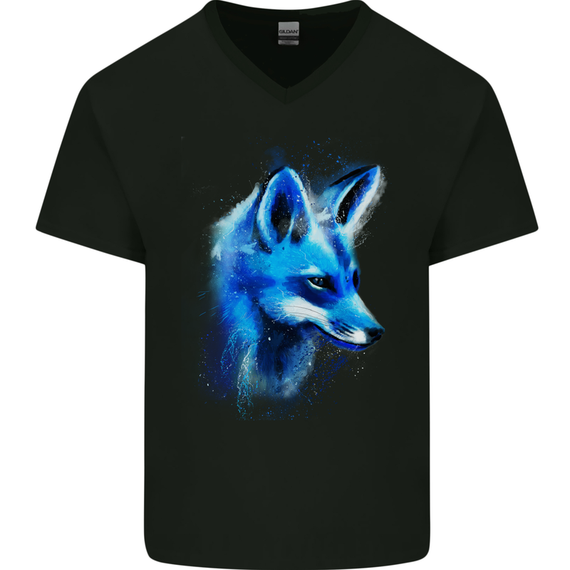 A Fox Watercolour Mens V-Neck Cotton T-Shirt Black