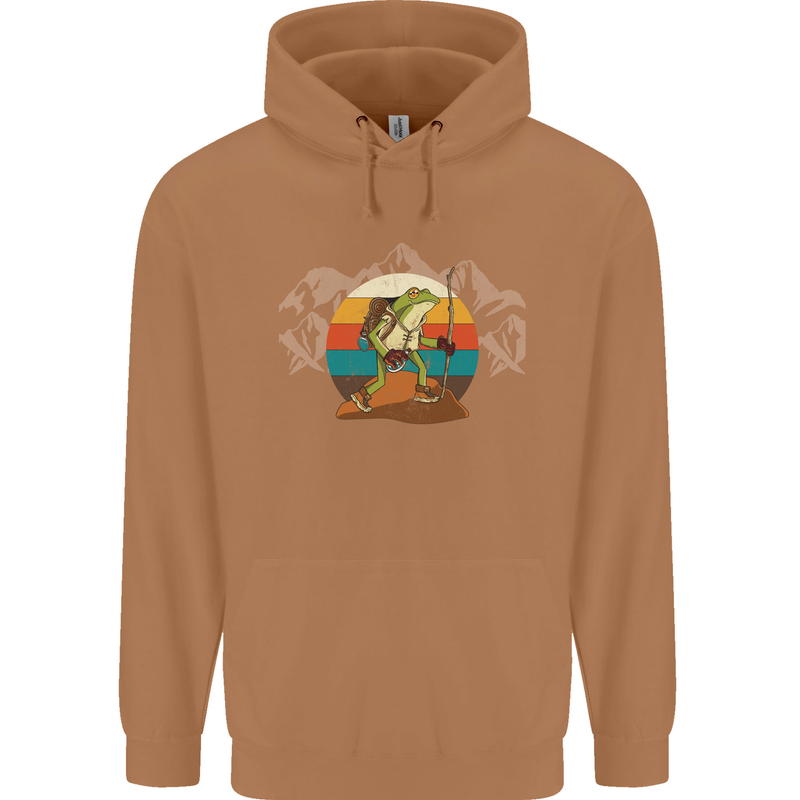 A Frog Hiking in the Mountains Trekking Mens 80% Cotton Hoodie Caramel Latte