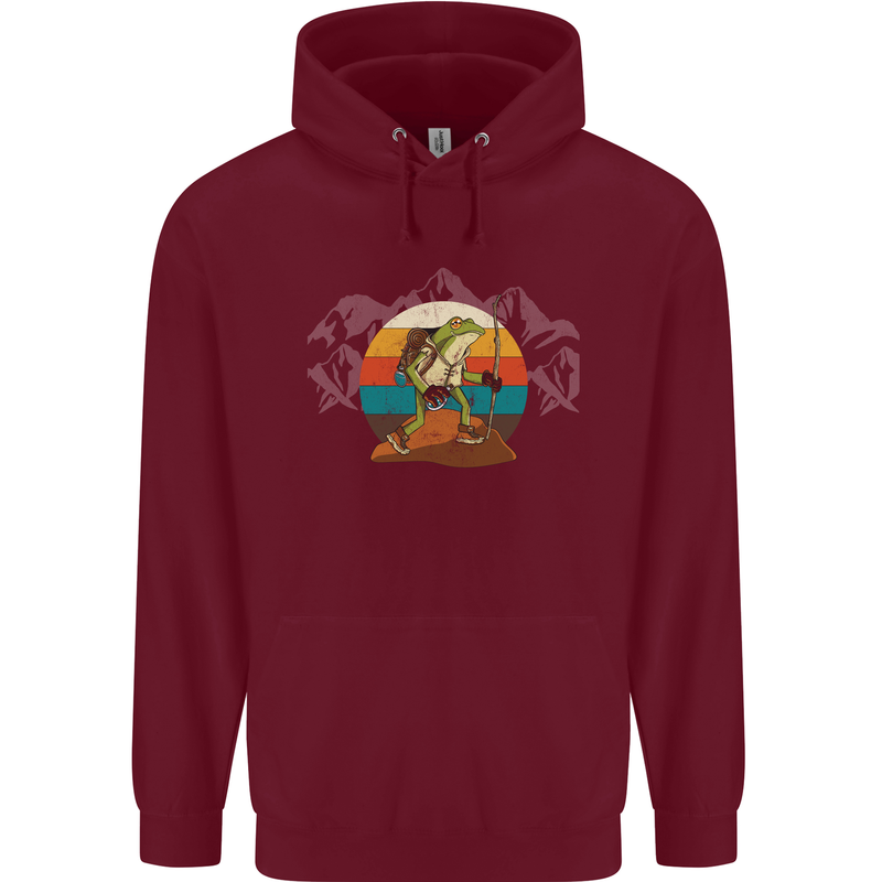 A Frog Hiking in the Mountains Trekking Mens 80% Cotton Hoodie Maroon