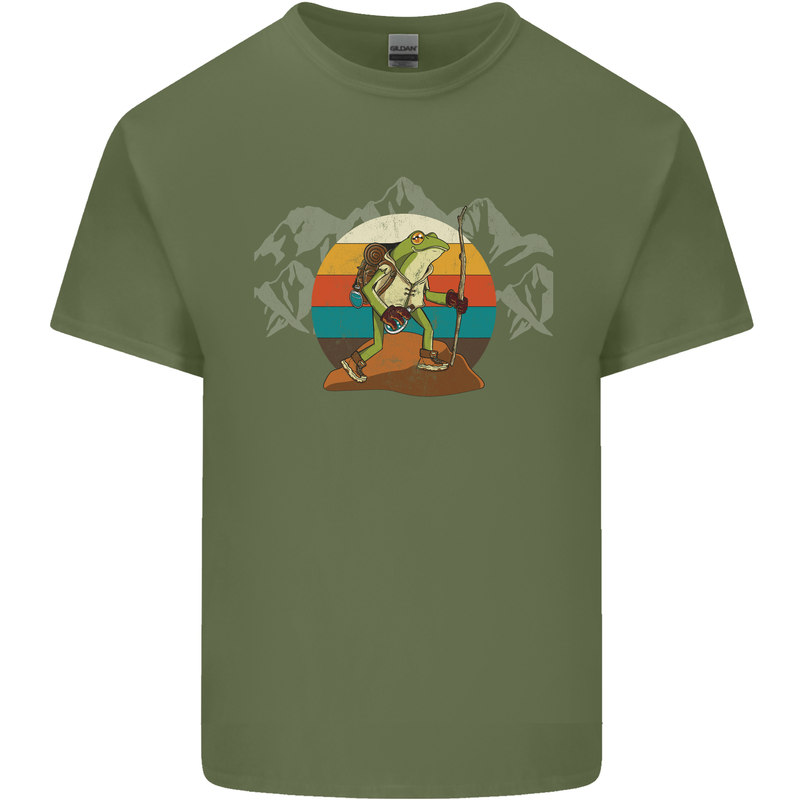 A Frog Hiking in the Mountains Trekking Mens Cotton T-Shirt Tee Top Military Green