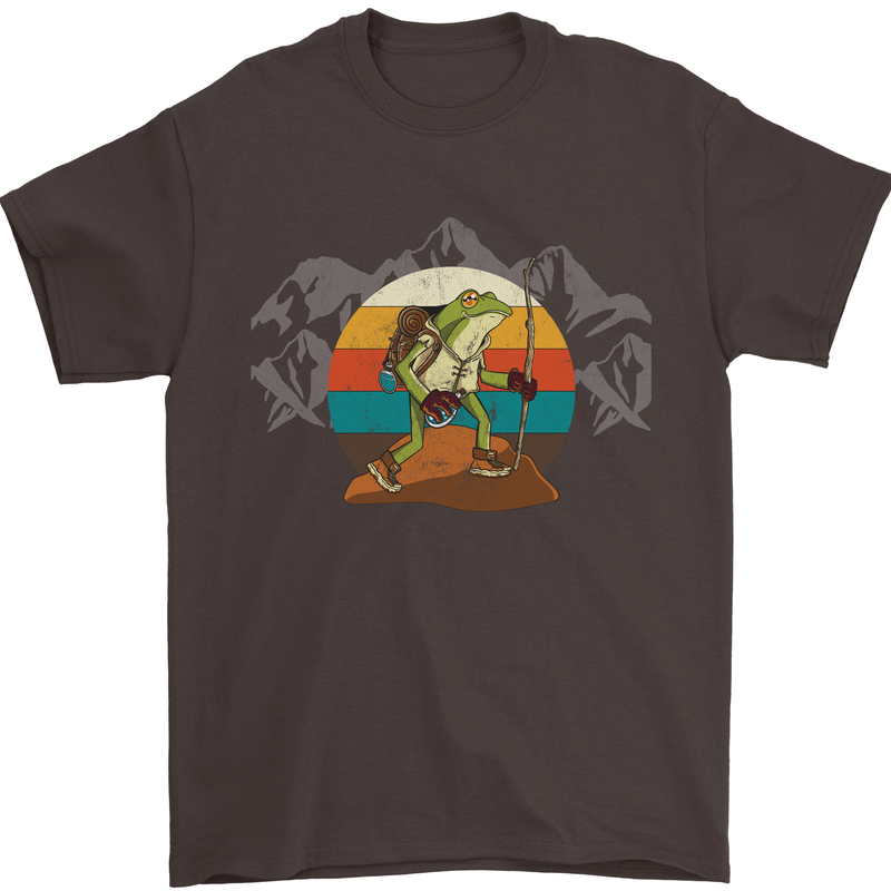 A Frog Hiking in the Mountains Trekking Mens T-Shirt Cotton Gildan Dark Chocolate