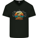 A Frog Hiking in the Mountains Trekking Mens V-Neck Cotton T-Shirt Black