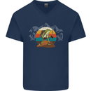 A Frog Hiking in the Mountains Trekking Mens V-Neck Cotton T-Shirt Navy Blue