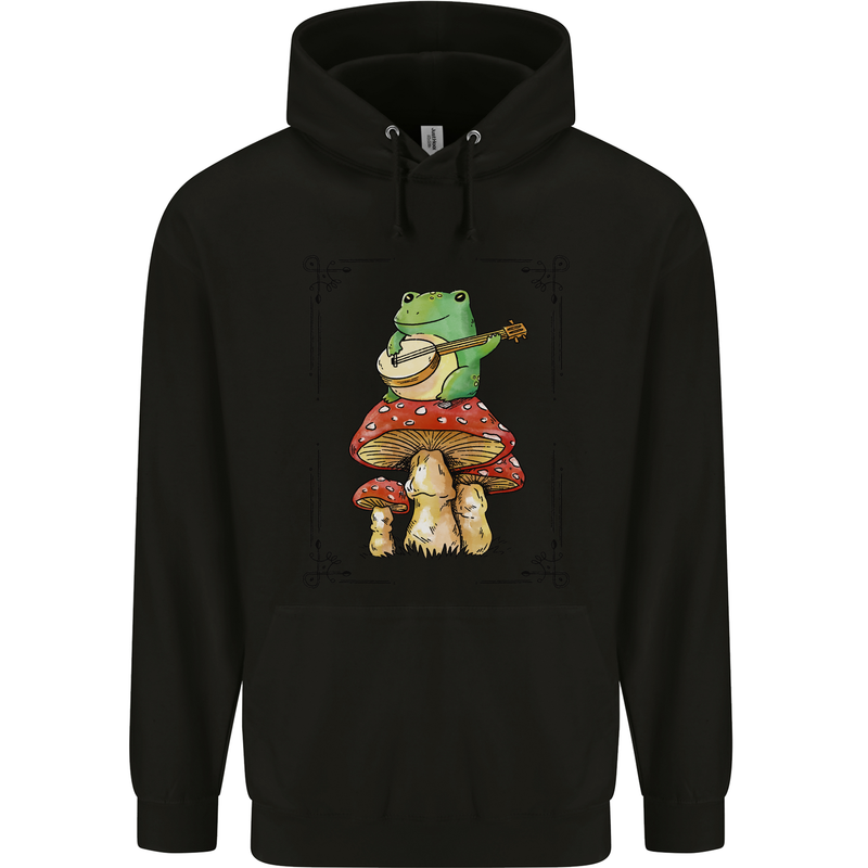 A Frog Playing the Guitar on a Toadstool Childrens Kids Hoodie Black