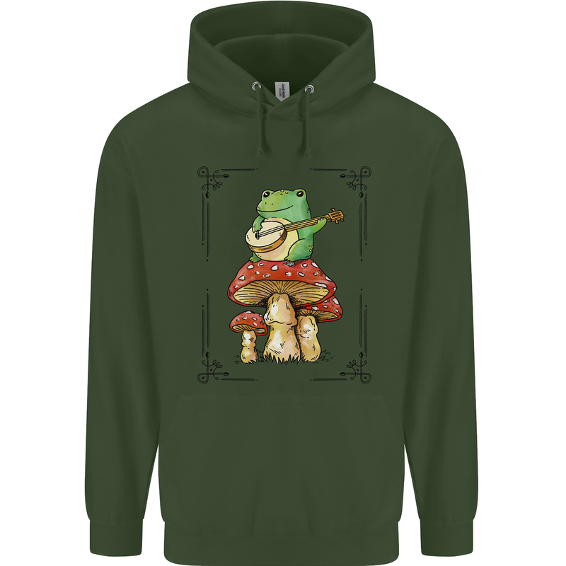 A Frog Playing the Guitar on a Toadstool Childrens Kids Hoodie Forest Green