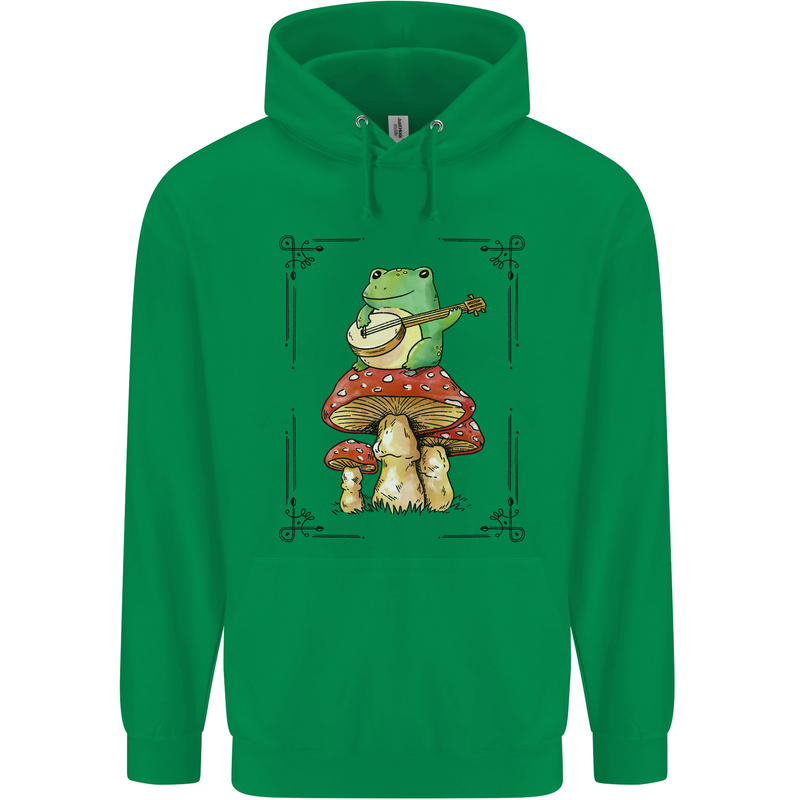 A Frog Playing the Guitar on a Toadstool Childrens Kids Hoodie Irish Green