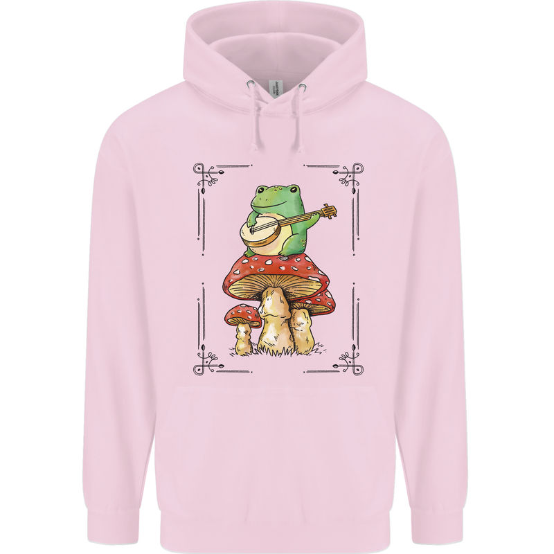 A Frog Playing the Guitar on a Toadstool Childrens Kids Hoodie Light Pink