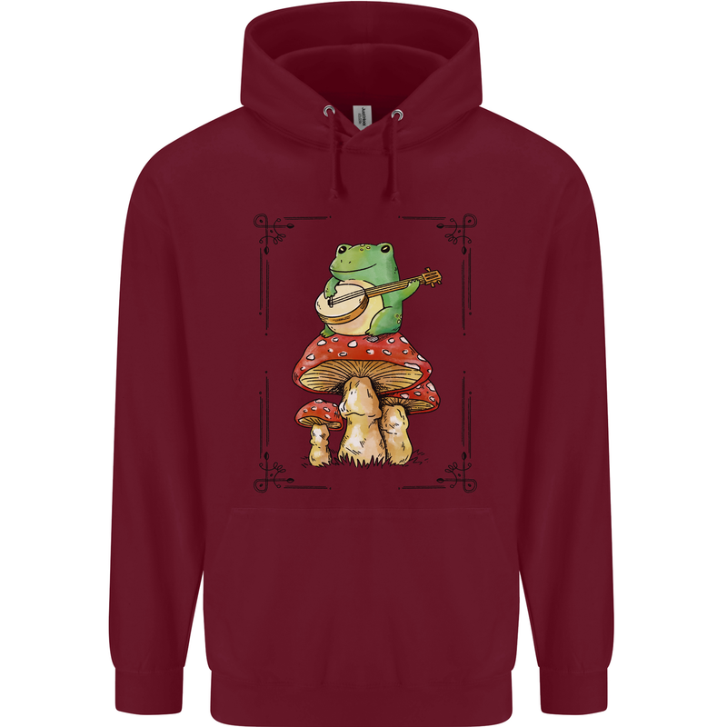 A Frog Playing the Guitar on a Toadstool Childrens Kids Hoodie Maroon