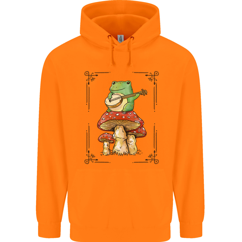 A Frog Playing the Guitar on a Toadstool Childrens Kids Hoodie Orange