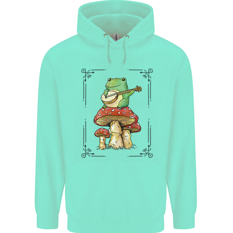 A Frog Playing the Guitar on a Toadstool Childrens Kids Hoodie Peppermint