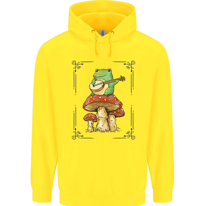 A Frog Playing the Guitar on a Toadstool Childrens Kids Hoodie Yellow