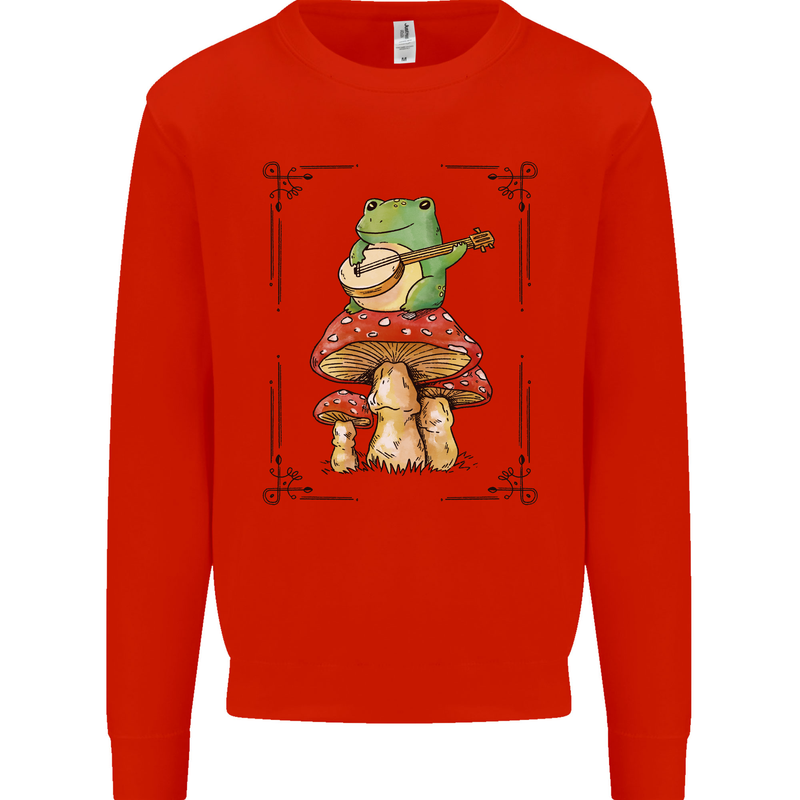 A Frog Playing the Guitar on a Toadstool Kids Sweatshirt Jumper Bright Red