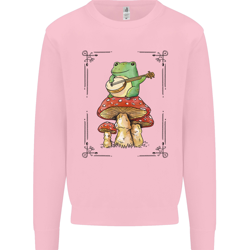 A Frog Playing the Guitar on a Toadstool Kids Sweatshirt Jumper Light Pink