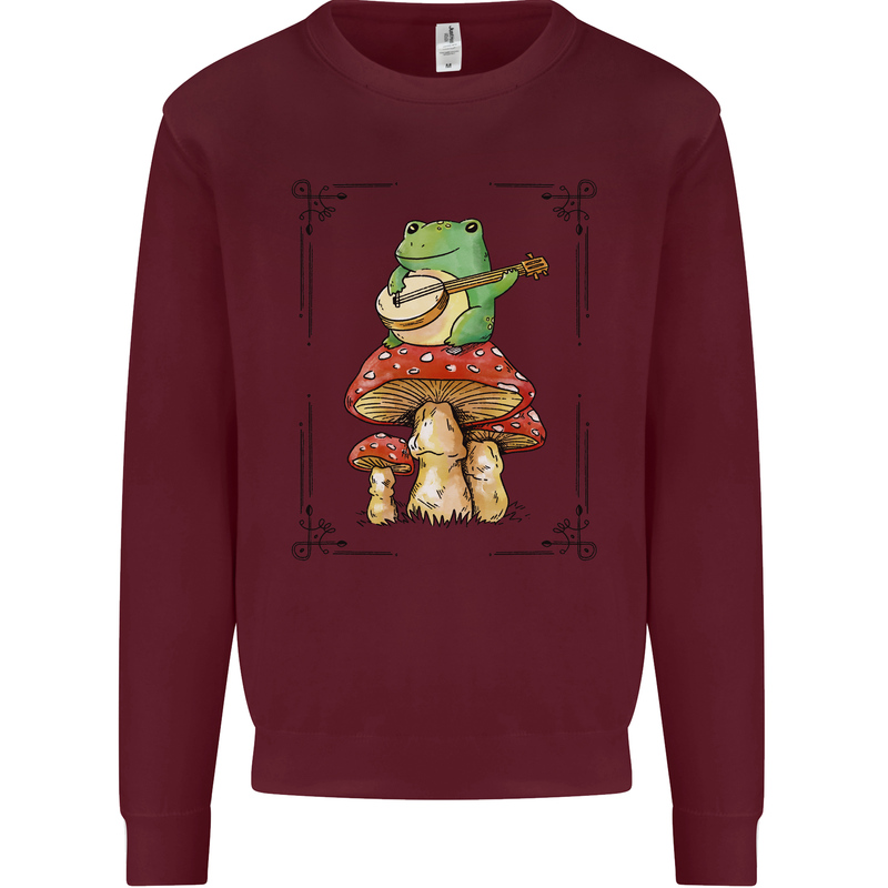 A Frog Playing the Guitar on a Toadstool Kids Sweatshirt Jumper Maroon