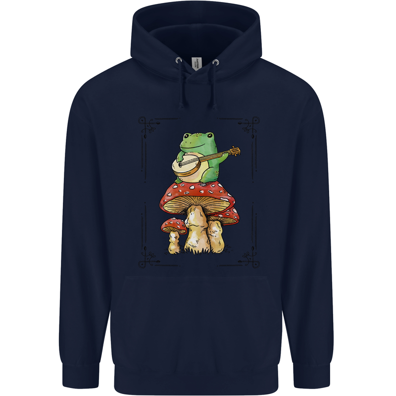 A Frog Playing the Guitar on a Toadstool Mens 80% Cotton Hoodie Navy Blue