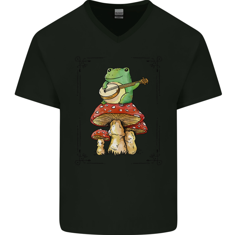 A Frog Playing the Guitar on a Toadstool Mens V-Neck Cotton T-Shirt Black