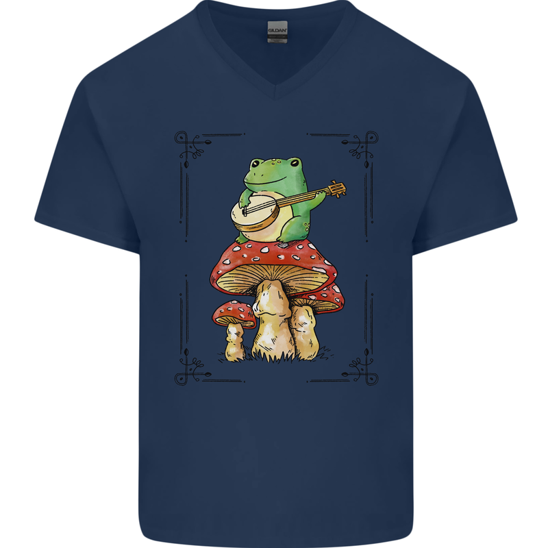 A Frog Playing the Guitar on a Toadstool Mens V-Neck Cotton T-Shirt Navy Blue