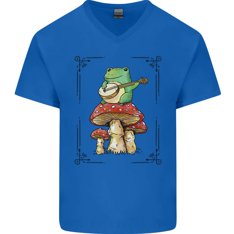 A Frog Playing the Guitar on a Toadstool Mens V-Neck Cotton T-Shirt Royal Blue