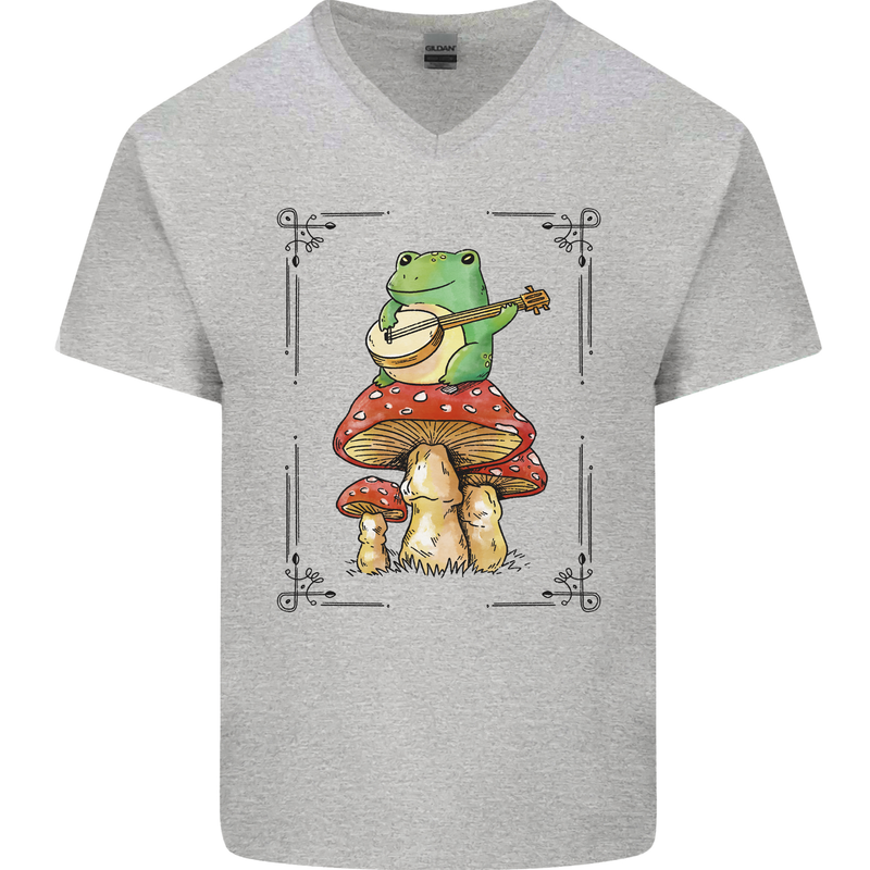 A Frog Playing the Guitar on a Toadstool Mens V-Neck Cotton T-Shirt Sports Grey