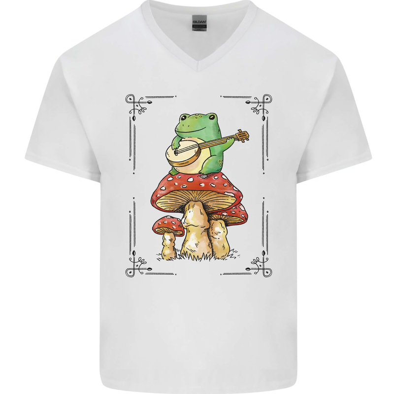 A Frog Playing the Guitar on a Toadstool Mens V-Neck Cotton T-Shirt White