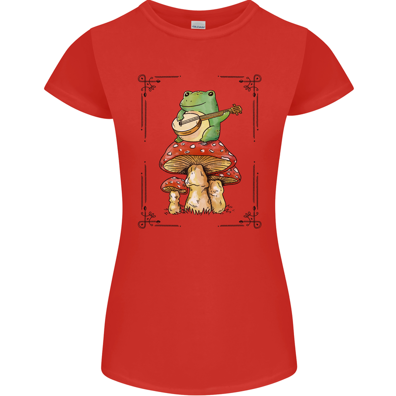 A Frog Playing the Guitar on a Toadstool Womens Petite Cut T-Shirt Red