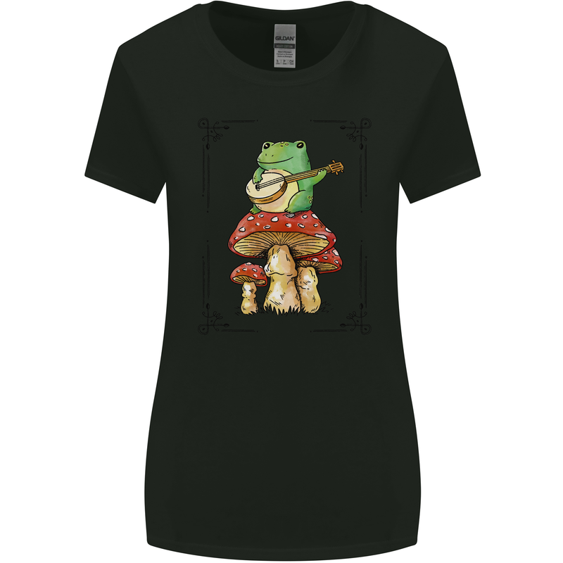 A Frog Playing the Guitar on a Toadstool Womens Wider Cut T-Shirt Black