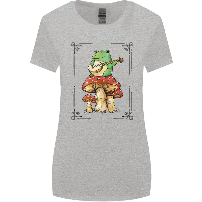 A Frog Playing the Guitar on a Toadstool Womens Wider Cut T-Shirt Sports Grey