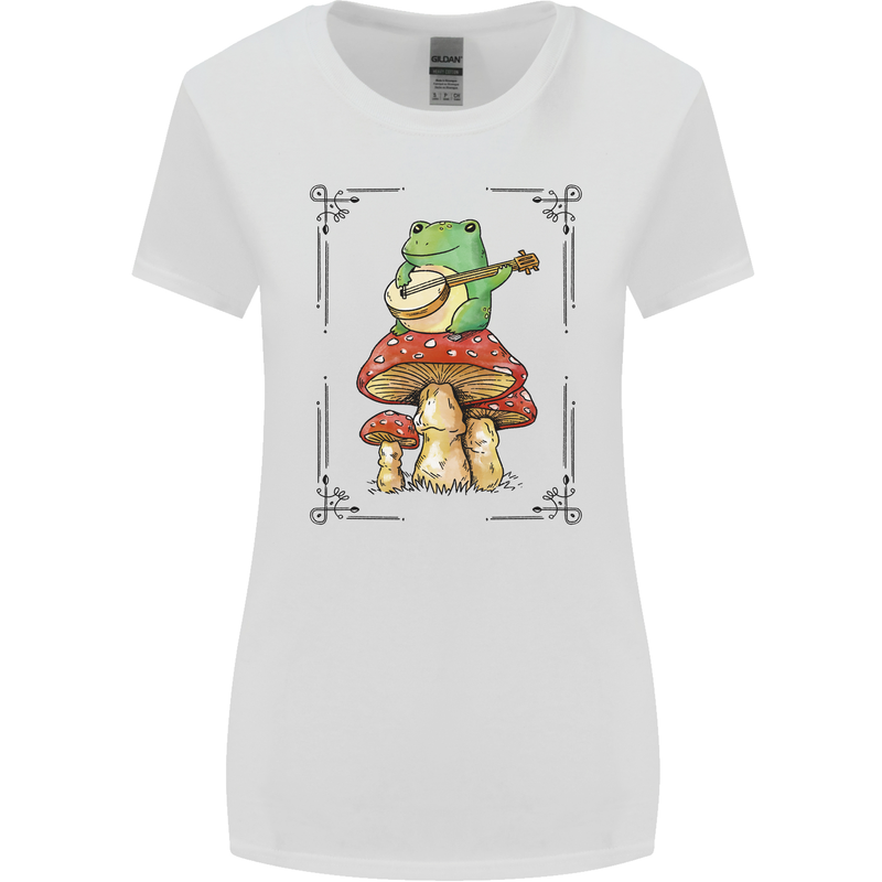 A Frog Playing the Guitar on a Toadstool Womens Wider Cut T-Shirt White