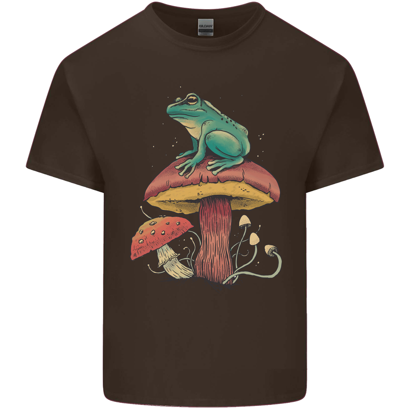 A Frog Sitting on a Mushroom Kids T-Shirt Childrens Chocolate