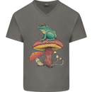 A Frog Sitting on a Mushroom Mens V-Neck Cotton T-Shirt Charcoal
