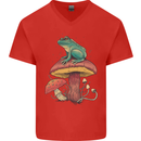 A Frog Sitting on a Mushroom Mens V-Neck Cotton T-Shirt Red
