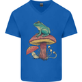 A Frog Sitting on a Mushroom Mens V-Neck Cotton T-Shirt Royal Blue