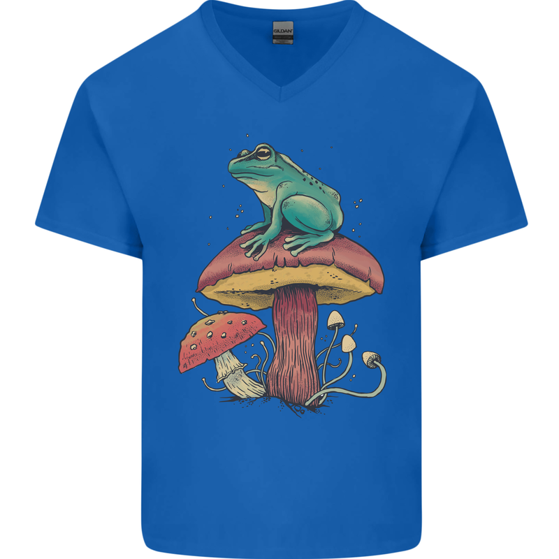 A Frog Sitting on a Mushroom Mens V-Neck Cotton T-Shirt Royal Blue