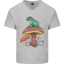 A Frog Sitting on a Mushroom Mens V-Neck Cotton T-Shirt Sports Grey