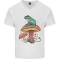 A Frog Sitting on a Mushroom Mens V-Neck Cotton T-Shirt White
