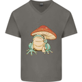 A Frog Under a Toadstool Umbrella Toad Mens V-Neck Cotton T-Shirt Charcoal