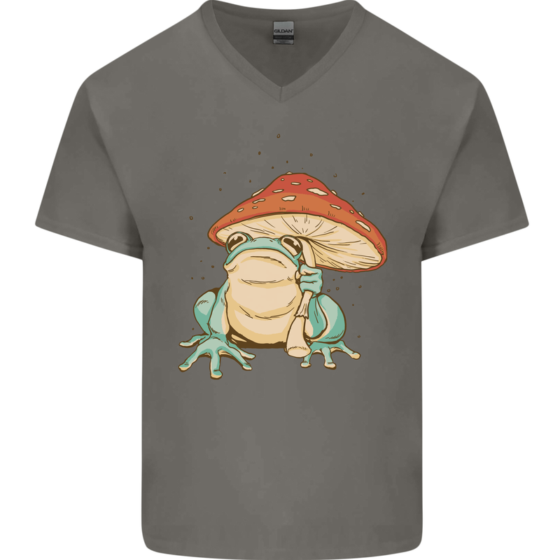 A Frog Under a Toadstool Umbrella Toad Mens V-Neck Cotton T-Shirt Charcoal