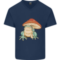 A Frog Under a Toadstool Umbrella Toad Mens V-Neck Cotton T-Shirt Navy Blue