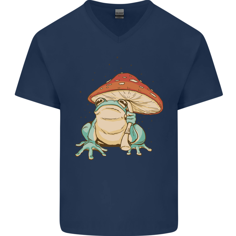 A Frog Under a Toadstool Umbrella Toad Mens V-Neck Cotton T-Shirt Navy Blue