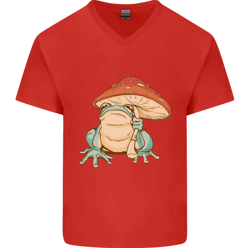 A Frog Under a Toadstool Umbrella Toad Mens V-Neck Cotton T-Shirt Red