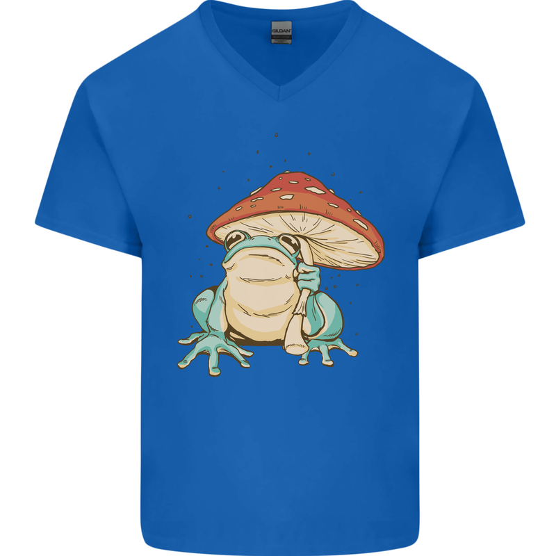 A Frog Under a Toadstool Umbrella Toad Mens V-Neck Cotton T-Shirt Royal Blue